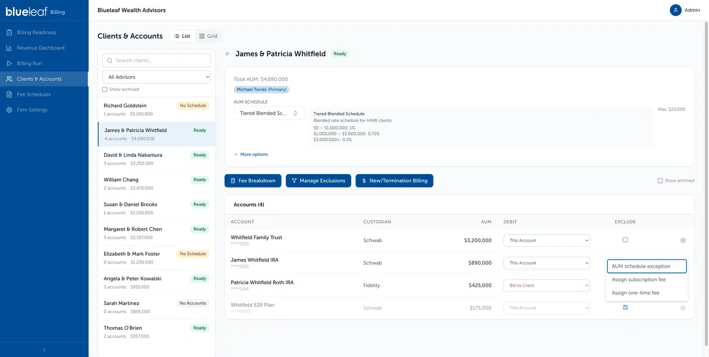 A household’s accounts with debit routing, one account excluded, and a menu for scheduled exceptions and added fees.